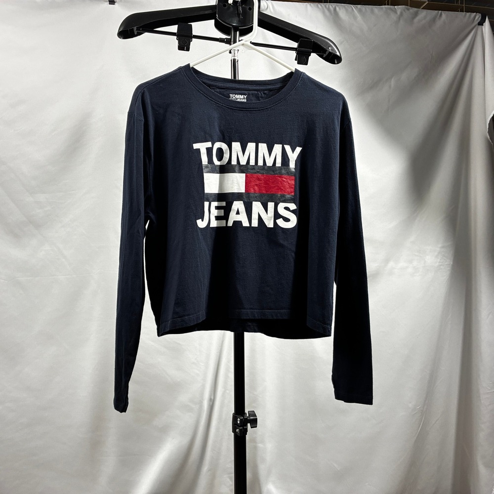 Tommy Jeans Navy Blue Cropped Long Sleeve Graphic Logo T-Shirt Size Large